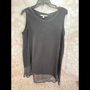 Adrienne Vittadini Black Sleeveless Tank Blouse Mixed Media Top Sheer Hem Medium